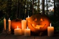 Halloween, scary woods at night, orange pumpkin lamp Jack on the table,