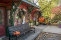 Halloween scene with a bench and pumkin