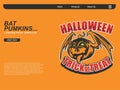 halloween scene by cartoon illustration with smiling pumpkin flying using bath wing . landing page website design template, Royalty Free Stock Photo