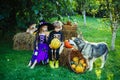 Halloween Scene with cute children. Two kids like skeleton or witch Ready for Trick or Treat. Kids smiling on a