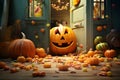 Halloween scene with cute pumpkins and candies