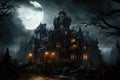 Halloween scene with haunted castle and full moon. 3D rendering, A gothic horror mansion on a stormy night, AI Generated Royalty Free Stock Photo