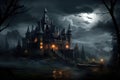 Halloween scene with haunted castle and full moon. 3d rendering, An old, haunted gothic castle on a stormy night, AI Generated Royalty Free Stock Photo