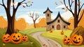 Halloween scene with a house, trees, and jack-o-lanterns. Autumn landscape. Vector illustration Royalty Free Stock Photo