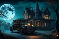 Halloween Scene: Haunted Mansion and Horrible Car under Full Moon.