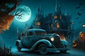 Halloween Scene: Haunted Mansion and Horrible Car under Full Moon.