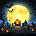 Halloween scene horror background with creepy pumpkins of spooky halloween