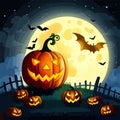 Halloween scene horror background with creepy pumpkins of spooky halloween