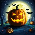 Halloween scene horror background with creepy pumpkins of spooky halloween