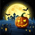 Halloween scene horror background with creepy pumpkins of spooky halloween