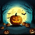 Halloween scene horror background with creepy pumpkins of spooky halloween
