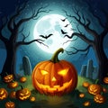 Halloween scene horror background with creepy pumpkins of spooky halloween