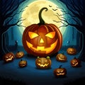 Halloween scene horror background with creepy pumpkins of spooky halloween