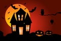 Halloween scene. Illustration of a Haunted House with pumpkins, owl, bats and spider Royalty Free Stock Photo