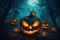 Halloween scene with Jack O lanterns glowing at moonlight In the dark spooky night. Concept Halloween commercial. Generative Ai Royalty Free Stock Photo