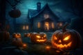 Halloween scene with Jack O lanterns glowing at moonlight In the dark spooky night. Concept Halloween commercial. Generative Ai Royalty Free Stock Photo