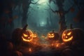 Halloween scene with Jack O lanterns glowing at moonlight In the dark spooky night. Concept Halloween commercial. Generative Ai Royalty Free Stock Photo