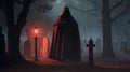 halloween scene , mysterious figure cloaked in a red cape Horror Background , graveyard