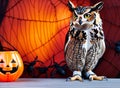Halloween Scene With Owl spooky pumpkins Royalty Free Stock Photo