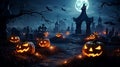 Halloween Scene with Party Of Pumpkins And Zombies In Graveyard At Moonlight, horror background Royalty Free Stock Photo