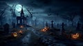 Halloween Scene with Party Of Pumpkins And Zombies In Graveyard At Moonlight, horror background Royalty Free Stock Photo