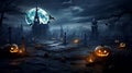 Halloween Scene with Party Of Pumpkins And Zombies In Graveyard At Moonlight, horror background Royalty Free Stock Photo
