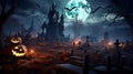 Halloween Scene with Party Of Pumpkins And Zombies In Graveyard At Moonlight, horror background Royalty Free Stock Photo