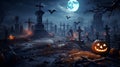 Halloween Scene with Party Of Pumpkins And Zombies In Graveyard At Moonlight, horror background Royalty Free Stock Photo
