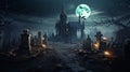 Halloween Scene with Party Of Pumpkins And Zombies In Graveyard At Moonlight, horror background Royalty Free Stock Photo