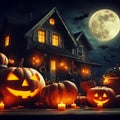 Halloween Scene - Party Of Pumpkins And Zombies In wood forest At Moonlight - ai generated