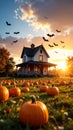 Halloween scene with pumpkins field, house, bats, and sunset sky Royalty Free Stock Photo