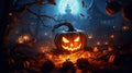 Halloween scene setter  - a pumpkin with a carved face and candles in front of a haunted house Royalty Free Stock Photo