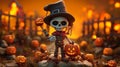 Halloween scene setter  - a skeleton holding a pumpkin and a jack-o-lantern Royalty Free Stock Photo