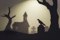 Halloween scene with silhouettes of crow in church graveyard