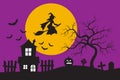 Witch flying on broomstick and old haunted house silhouette in front of the big moon Royalty Free Stock Photo