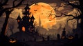 Halloween scenery with full moon, graveyard, pumpkins, castle.