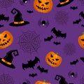 Halloween seamless background with pumpkin, spider webs, bats and witch hat. For gift paper, textiles, clothes, social networks, Royalty Free Stock Photo
