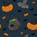 Halloween seamless background with pumpkins, bats, witchs potion and witchs hat