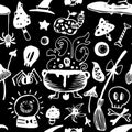 Dark engraved seamless Halloween vector pattern with witch elements