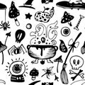Halloween seamless black and white vector background with witch elements: spiders, poison, mushrooms, skulls.
