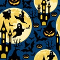 Halloween seamless pattern for party with bats,ghosts,castles and pumpkins Royalty Free Stock Photo