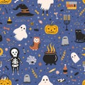 Halloween seamless pattern with adorable spooky holiday creatures and items on dark background - ghost, skeleton, Jack-o