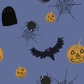 Halloween seamless pattern with animals, jack-o-lanterns on blue background. Halloween print. Packaging, wallpaper, textile, stati