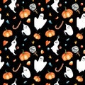 Halloween seamless pattern background with cute little ghosts, pumpkins, candy corn, candies, stars, hearts on dark background.
