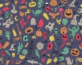 Halloween orange festive seamless pattern. Endless background with pumpkins, skulls, bats, spiders, ghosts, bones Royalty Free Stock Photo