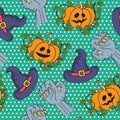 Halloween seamless pattern, seamless background with pumpkin, wizard hat, zombie hands. Hand drawn colorful trick or treat pattern Royalty Free Stock Photo