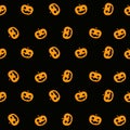 Halloween seamless pattern background with simply cute smiling pumpkin face on black color.