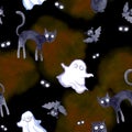 Halloween seamless pattern - bat, ghost, cat, eyes. Cute watercolor Royalty Free Stock Photo