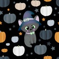 Halloween seamless pattern. Black background. Different color pumpkins and a cute cat in a hat Royalty Free Stock Photo