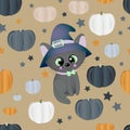 Halloween seamless pattern. Black background. Different color pumpkins and a cute cat in a hat Royalty Free Stock Photo